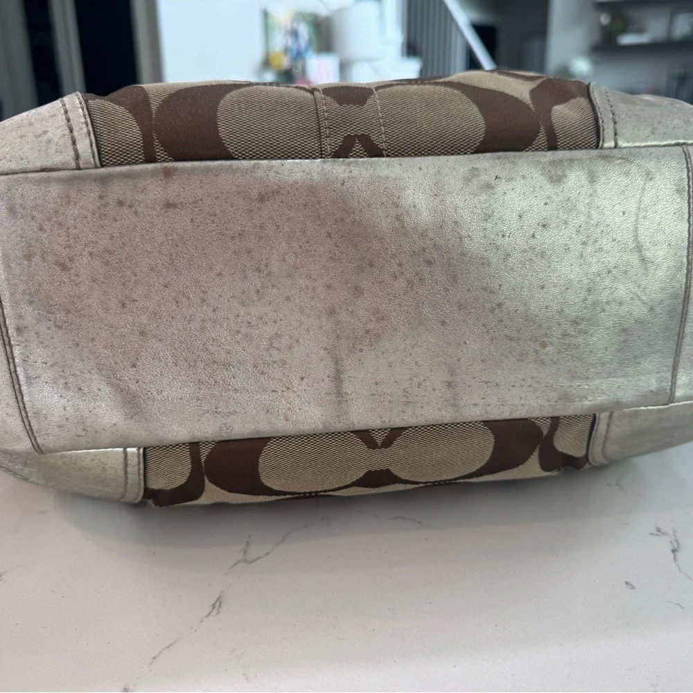 Coach Ergo Op Art Signature Brown Metallic Silver Leather Trim Bag